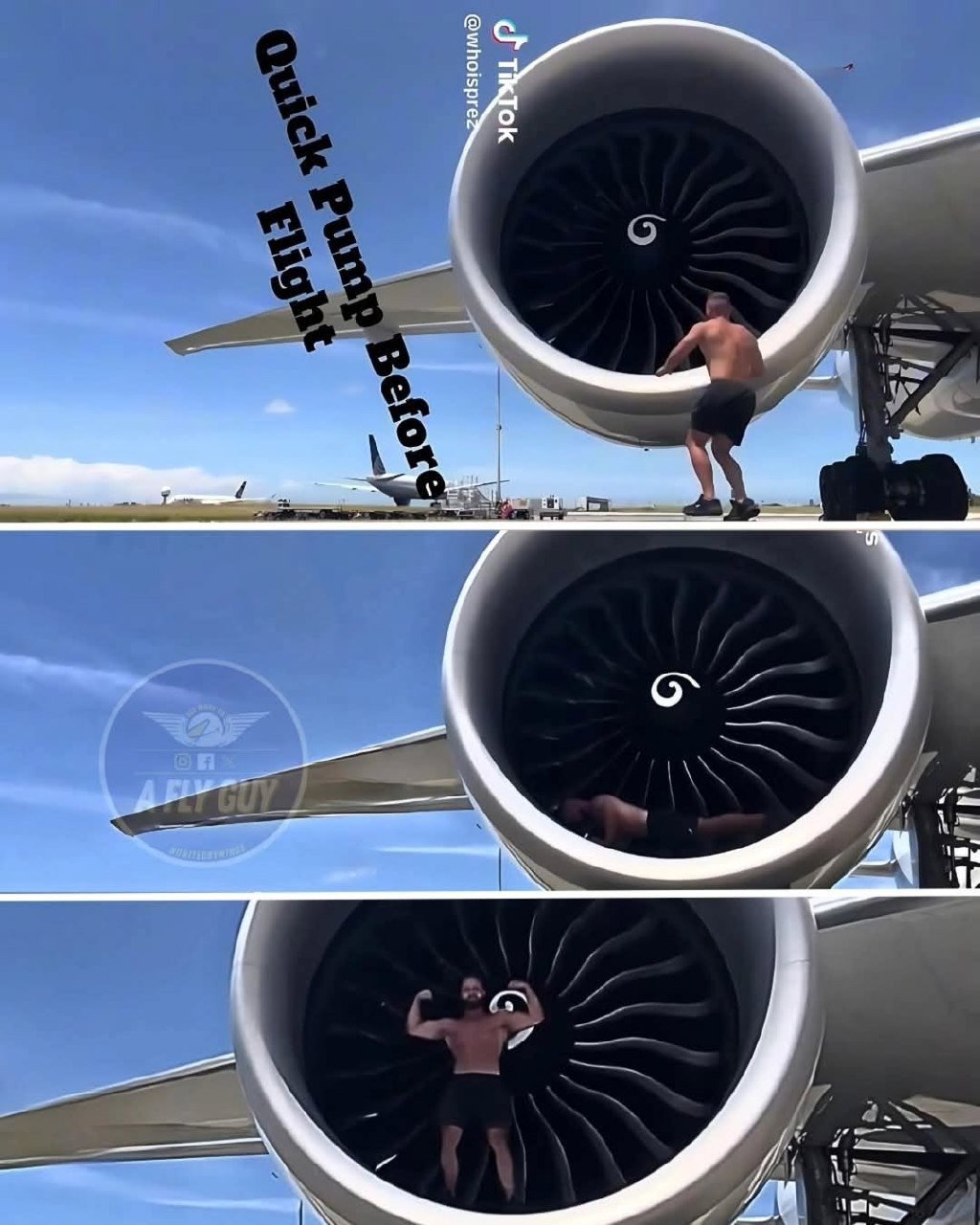 Pushups on engine of moving plane