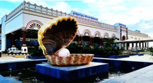 A striking sculpture of an open oyster shell at the entrance of the newly inaugurated Tuticorin Airport Terminal