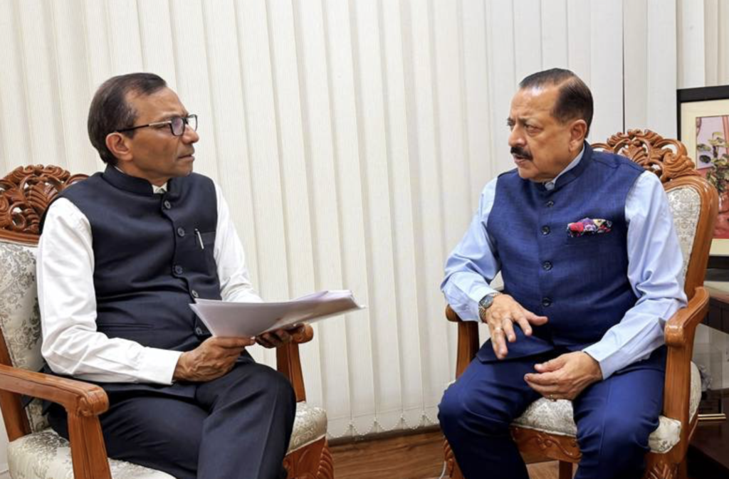 Union Minister Dr Jitendra Singh being briefed by Chairman IN-SPACe, Dr Pawan Goenka at New Delhi