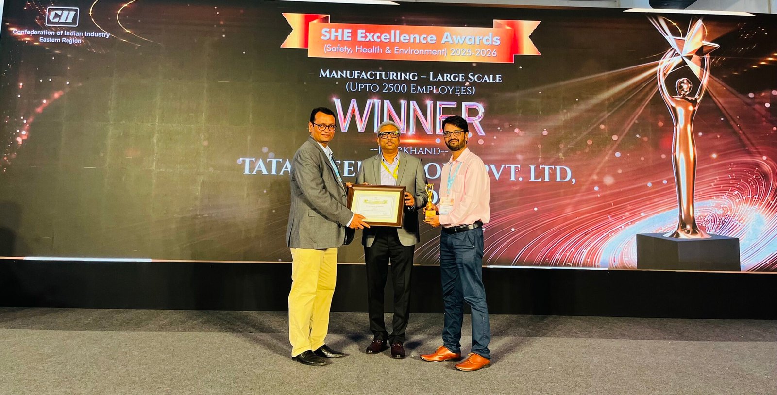 LEFT TO RIGHT - Vishal Pandey, Assistant General Manager (AGM), Safety, Health & Environment (SHE) Tata Steel Colors, Arnab Das, Director, E-frame Infomedia & Vinay Kumar Verma, Deputy M